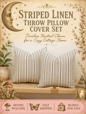 Set of 2 Striped Linen Pillow Covers 18x18 Farmhouse Cottage Decor